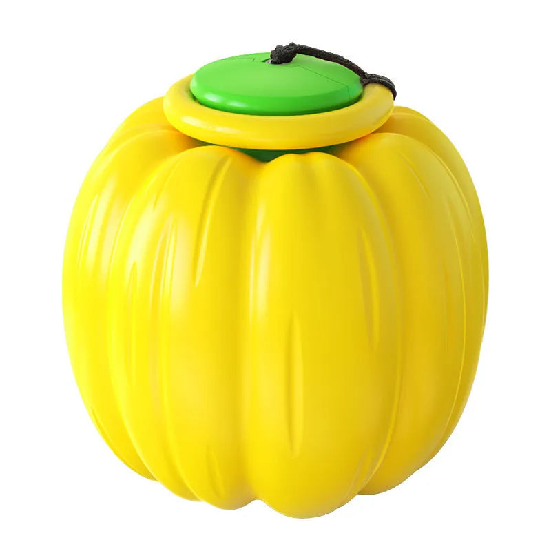 Pumpkin-shaped orange dog chew ball with squeaker for small dogs on a wooden floor.