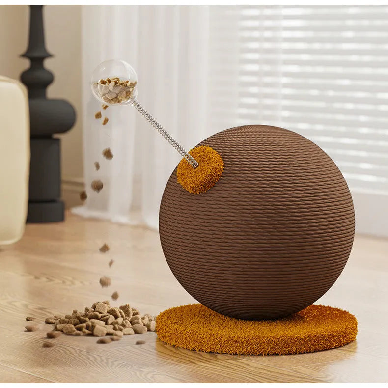 Cat scratch board with a hemp rope ball attached, shown in large and small size options.