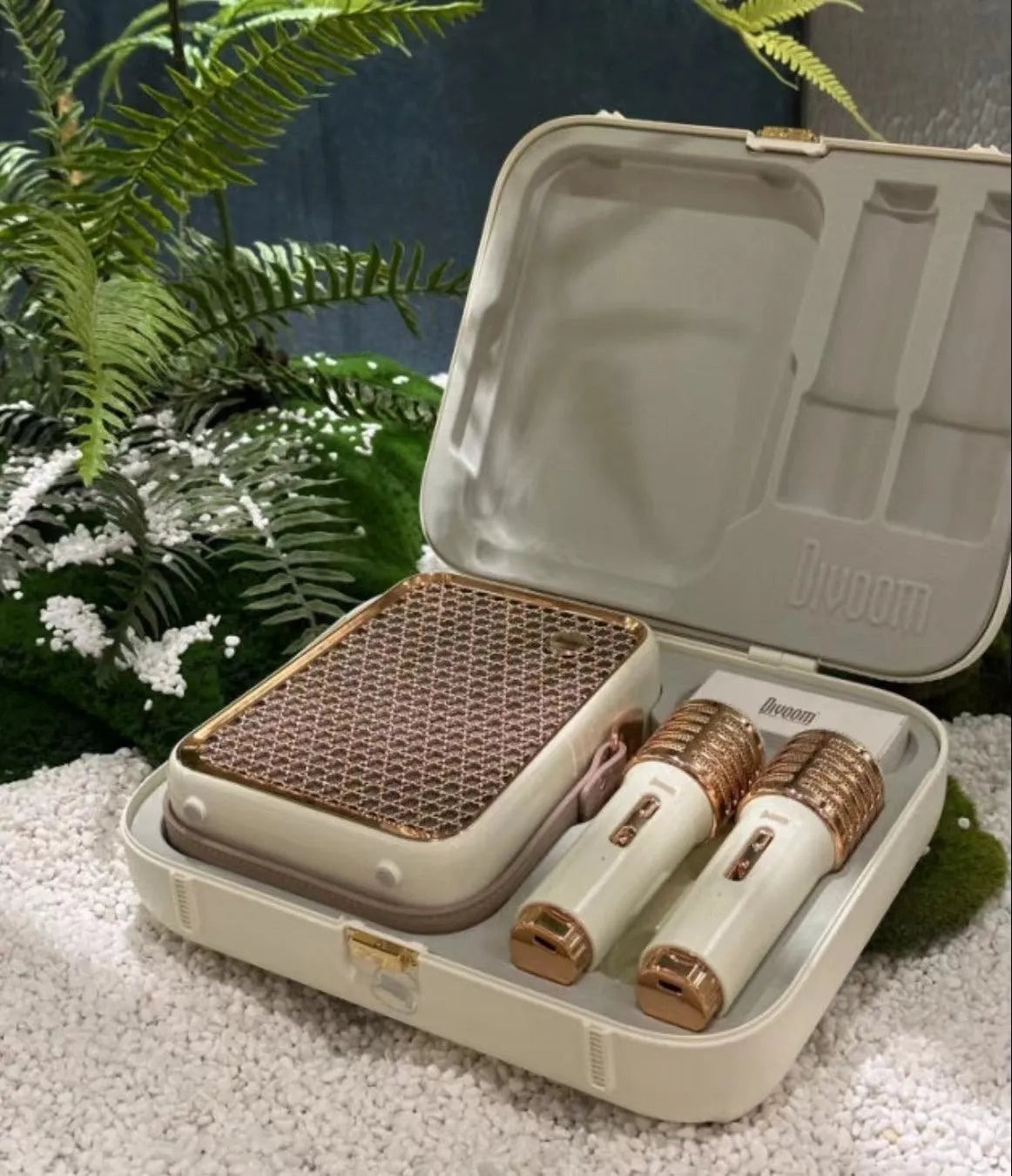 Portable Bluetooth karaoke speaker set with two microphones, green or white, rechargeable lithium battery