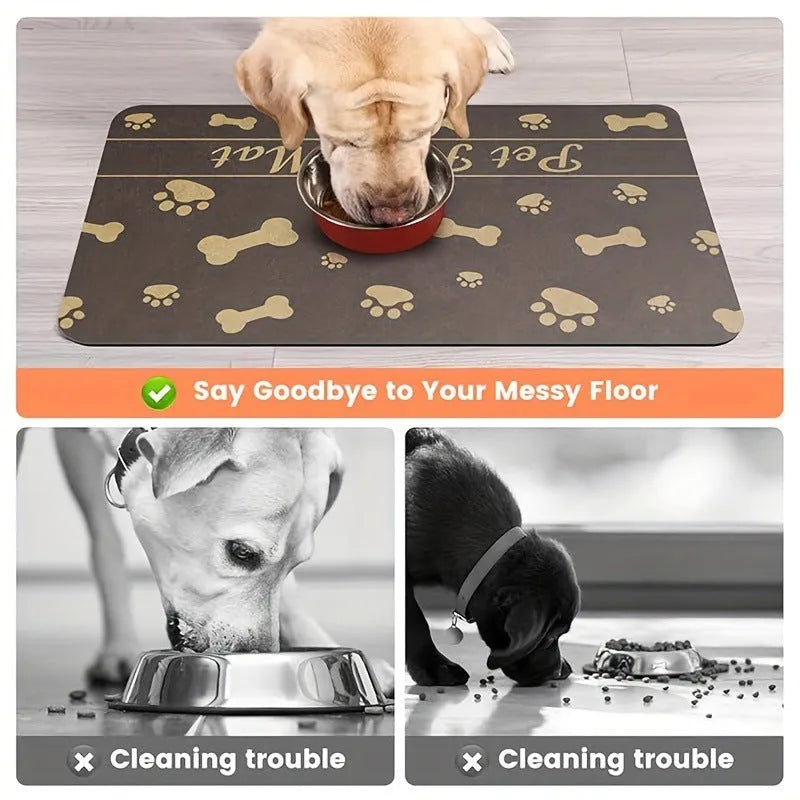 Non-slip diatom ooze pet absorbent placemat with geometric abstract pattern in dog's paw brown colour, square shape, 40x60cm size