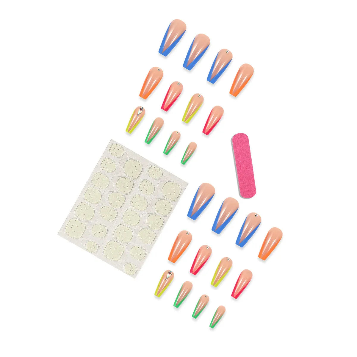 Set of detachable nail tips in diamond colour with cartoon love cross heart pattern, jelly glue, and a filing strip.