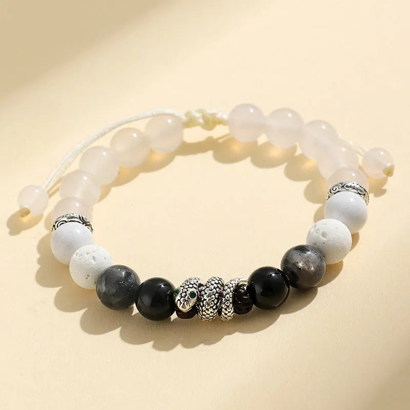 Agate couple bracelet set with blessing snake pattern in black and white options featuring white turquoise accents