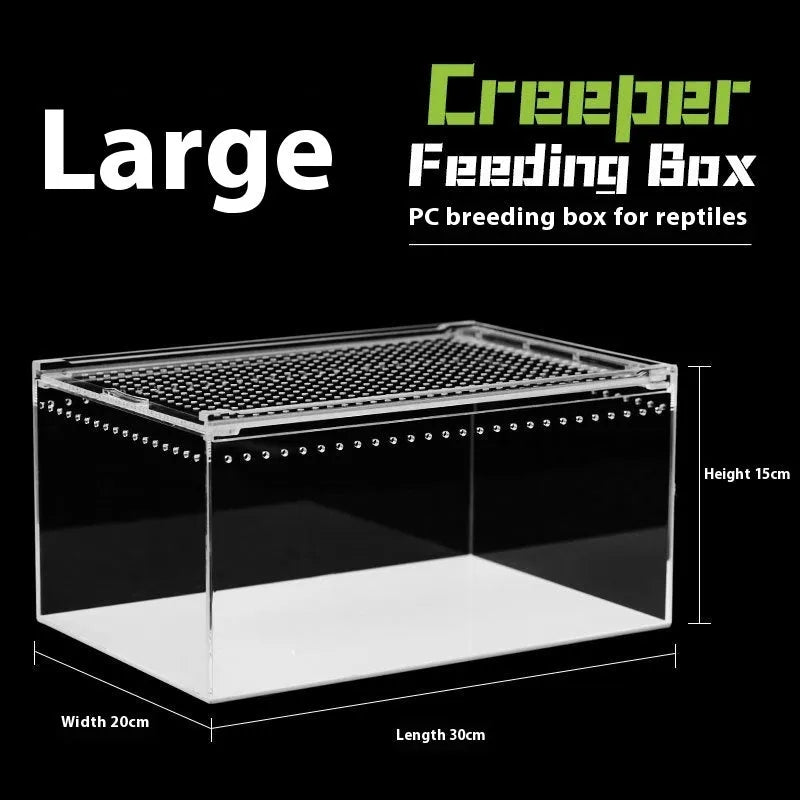 Clear acrylic reptile feeding box showing dimensions for small, medium, large, extra large, and arboreal sizes.