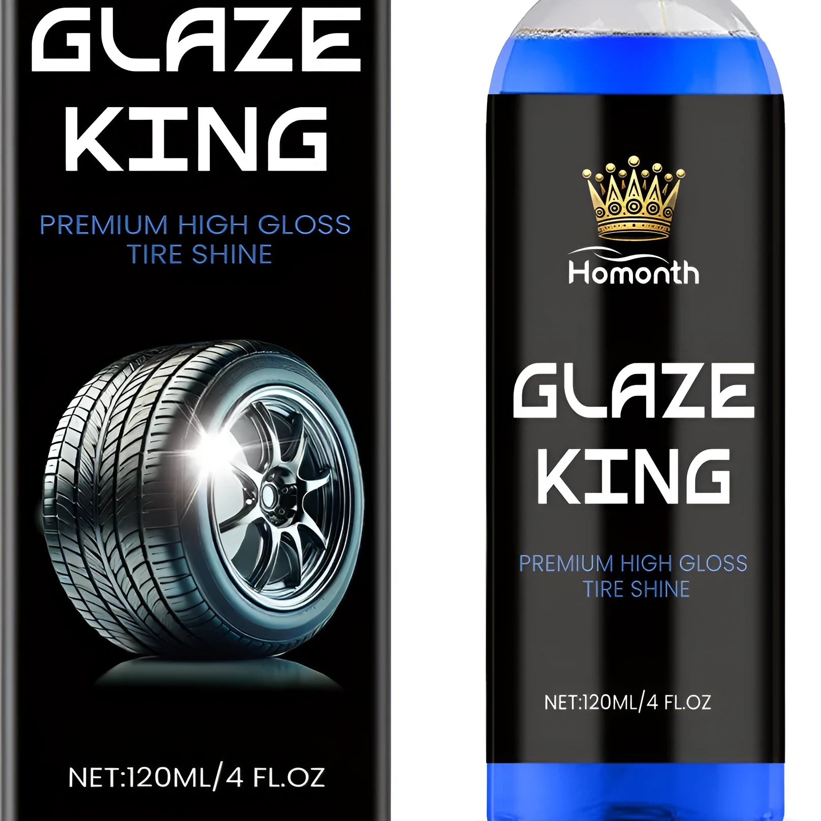 Premium High Gloss Tire Shine spray bottle with 120ml label on black tyre