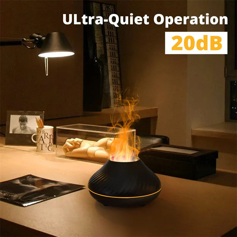 Beige USB aroma diffuser essential oil lamp with flame effect lighting on wooden surface