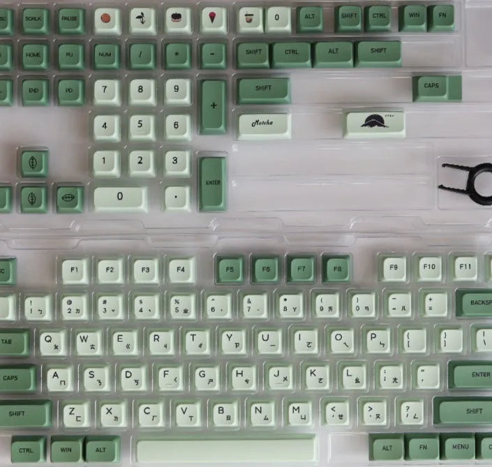 Set of 124 matcha green PBT keycaps with white legends for a mechanical keyboard