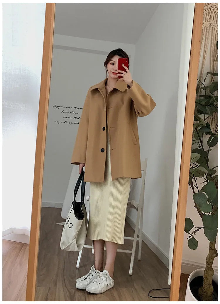 Women's mid-length overcoat, loose straight fit, long sleeves, solid colour, khaki or black, sizes M to 2XL