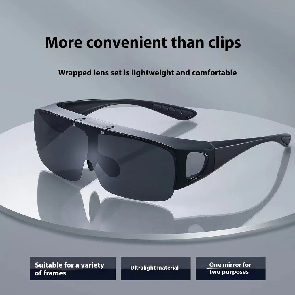 One-piece polarised sunglasses with myopia correction and multiple interchangeable coloured lens sheets laid out.