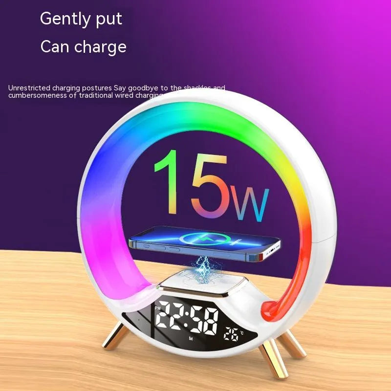 Multifunctional wireless charging Bluetooth speaker night light with clock display on bedside table.