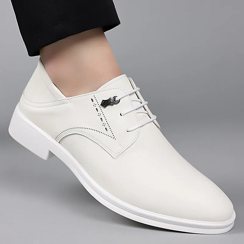 Men's black pointed toe cow split leather low heel dress shoes for business
