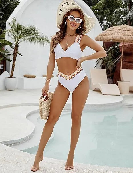 Black women's lace-up two-piece swimsuit with high-waist briefs and backless design