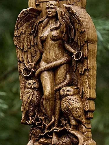 A detailed synthetic resin Greek goddess statue on a stand for altar or garden use.