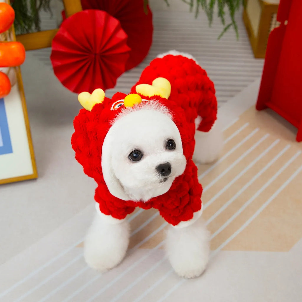 Red fluffy pet jacket with cartoon dragon design on a dog, showing velvet texture and fit.