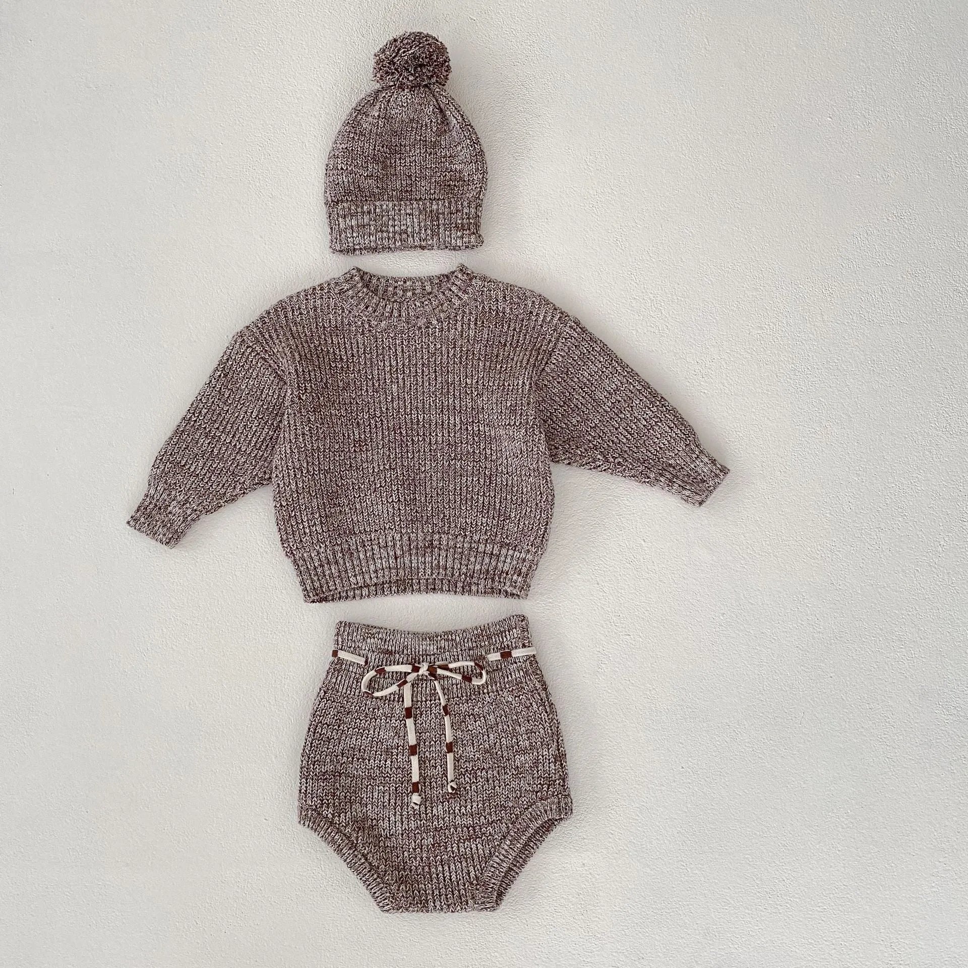 Infant girl dark brown knitted three-piece set with fur ball hat on hanger