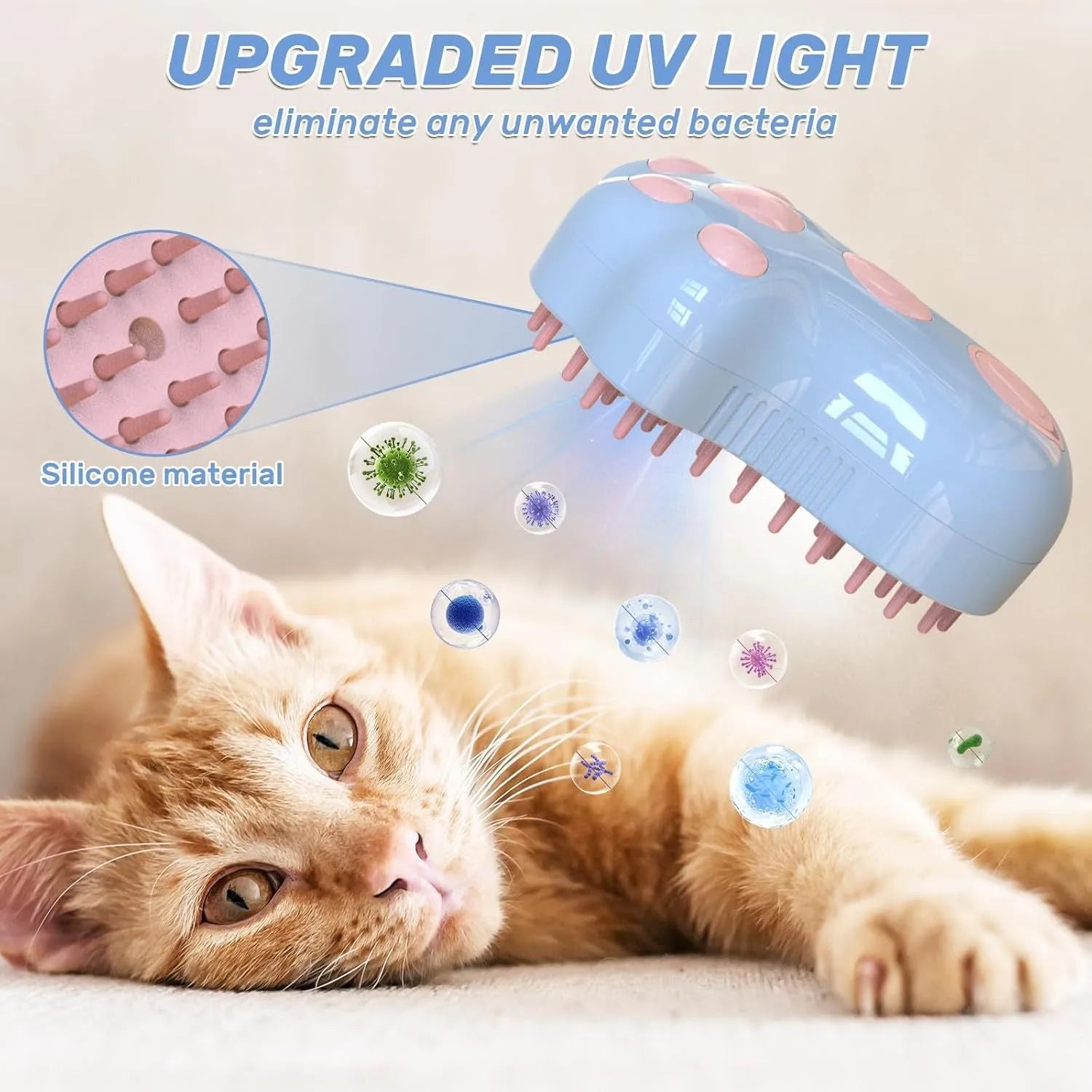 Blue self-cleaning cat steam brush with silicone bristles and release button for pet grooming