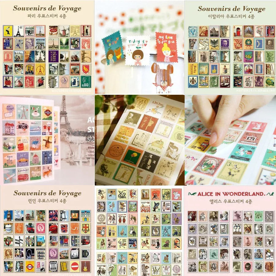 Hand painted stamp stickers set of 80 with Paris, London, Italy city themes for journal decoration