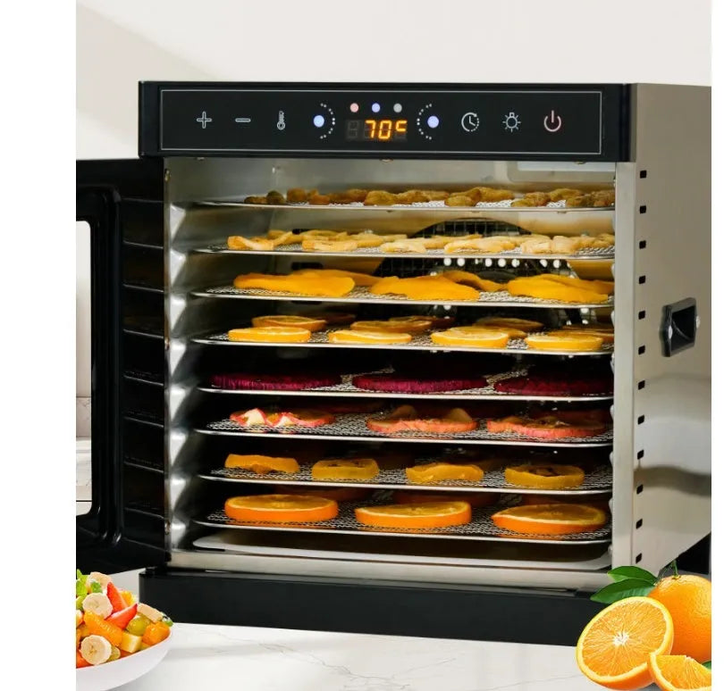 Stainless steel fruit dehydrator with visual skylight and LED control panel
