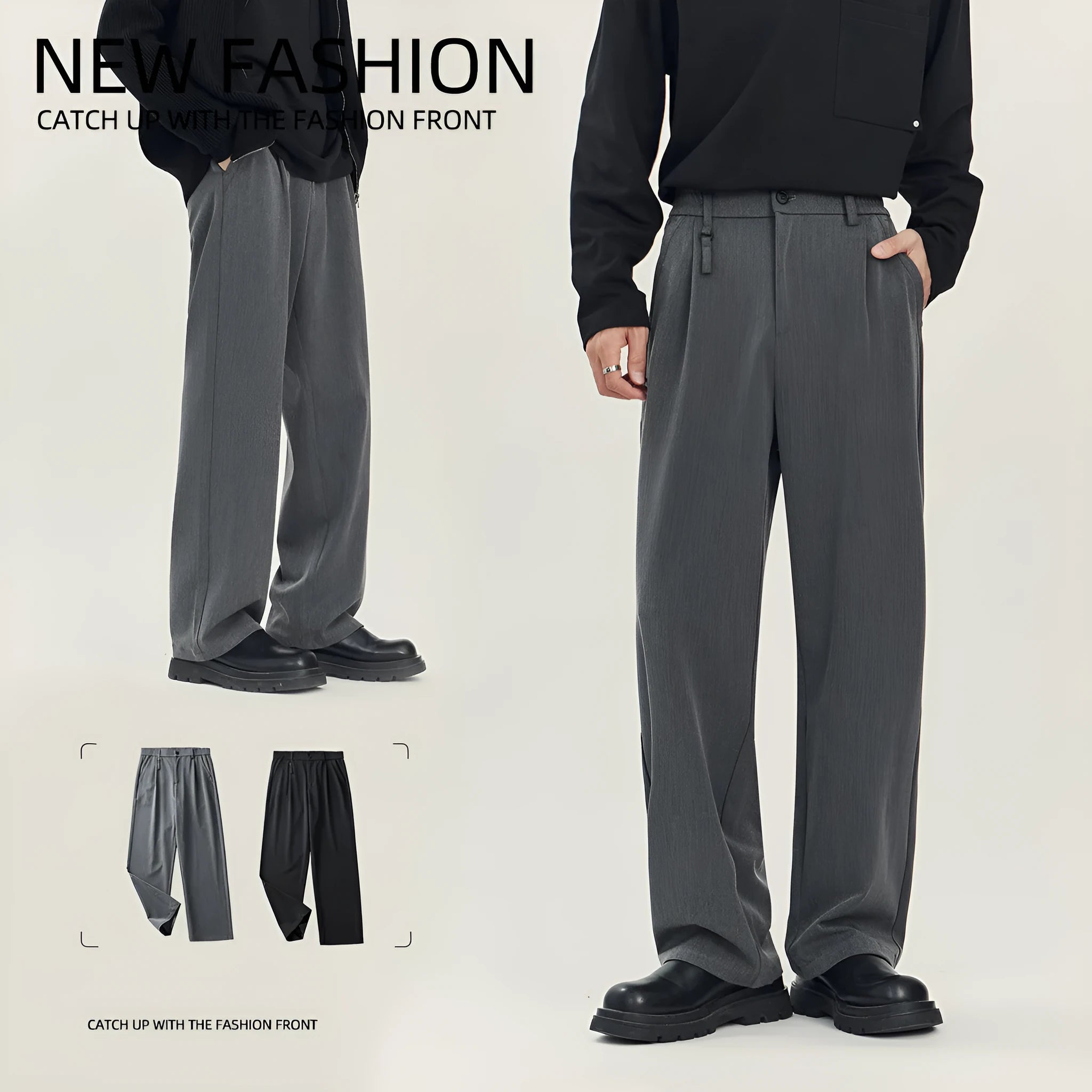 Men's draping loose straight-leg business casual trousers in black or grey