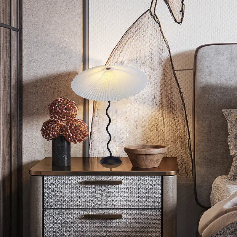 Retro pleated fabric umbrella lampshade bedside lamp with iron body in brown colour 600x430mm 12W