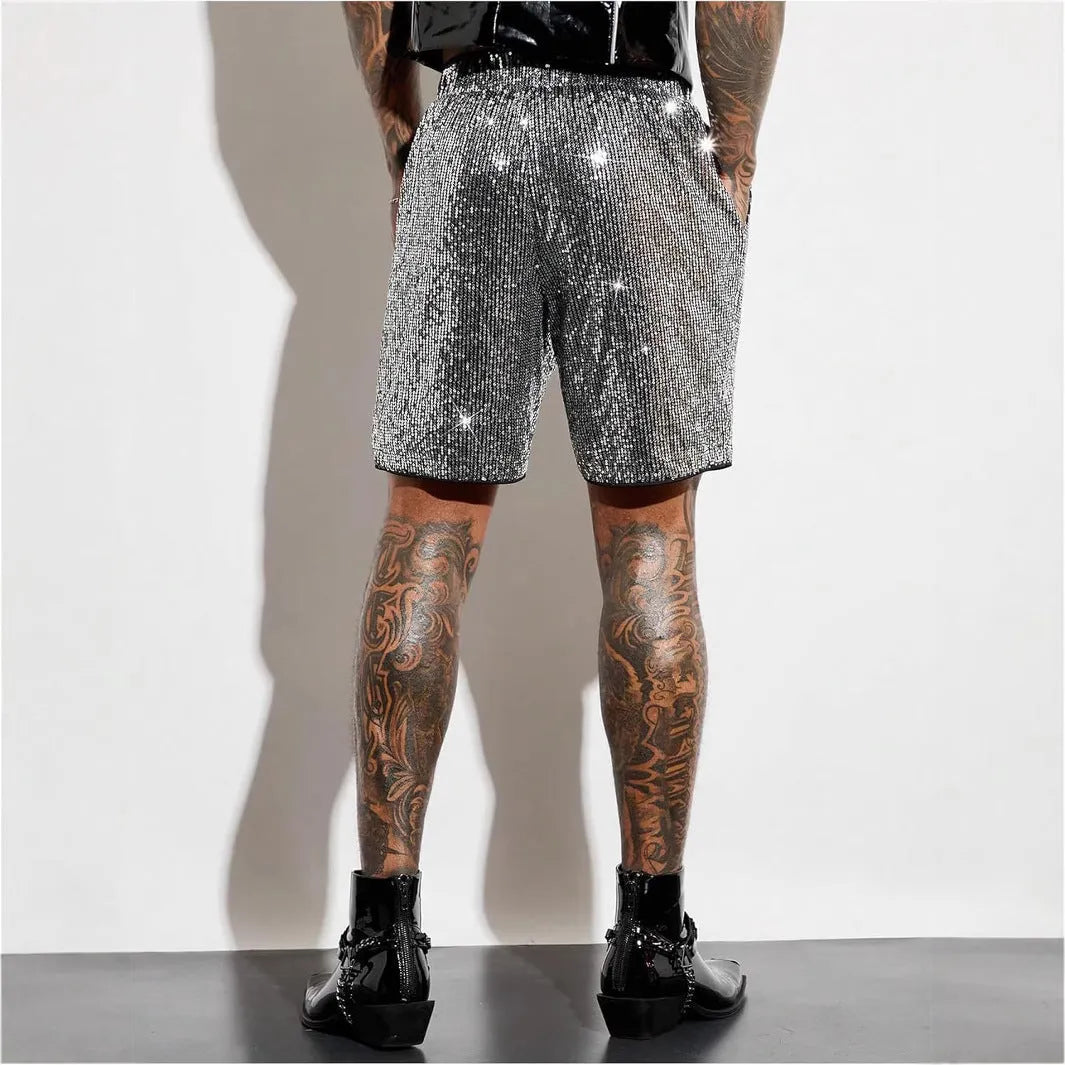 Men's silver sequin shorts with straight cut design and elastic waistband