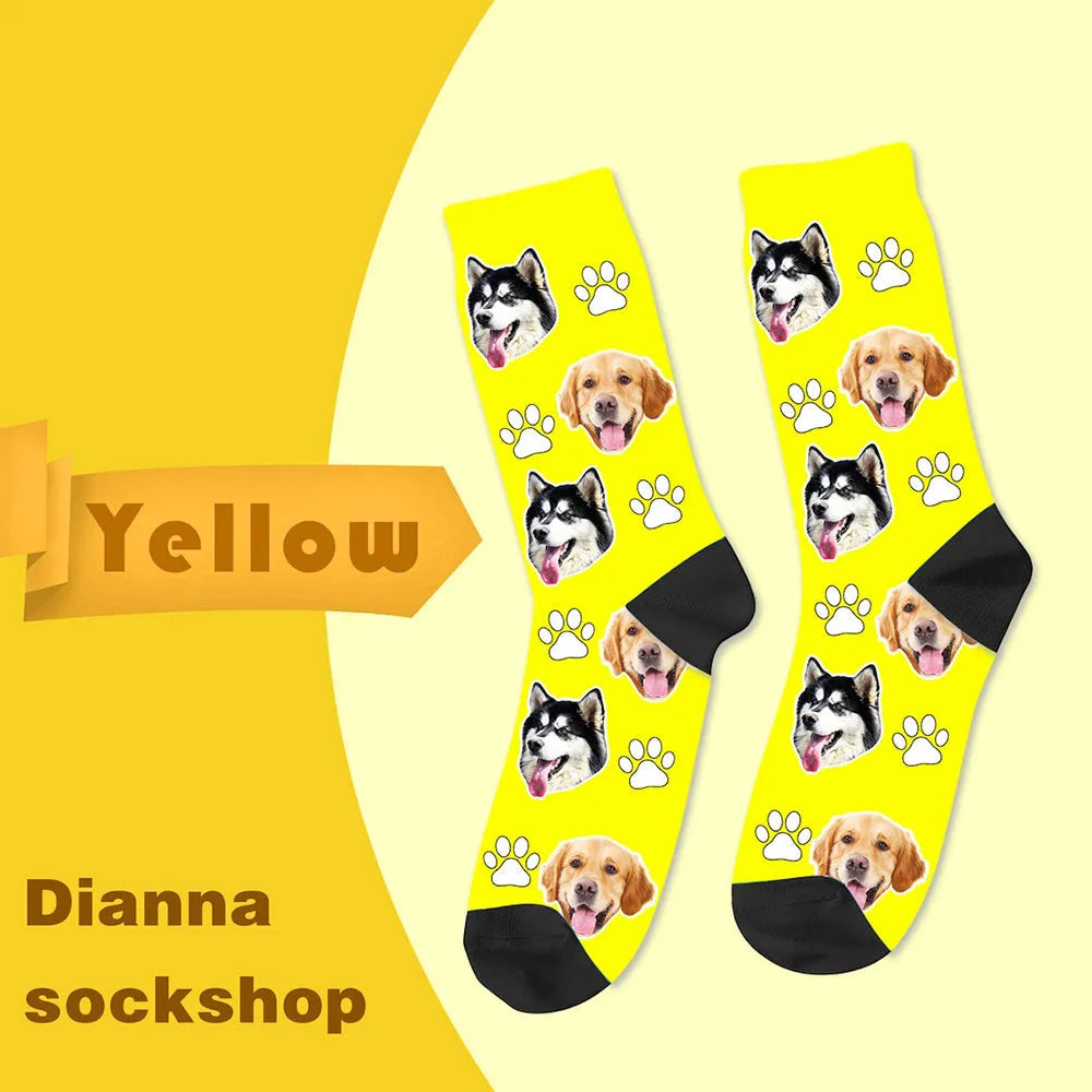 Custom photo mid-calf tube socks with personalised cartoon graphic printing in various colours
