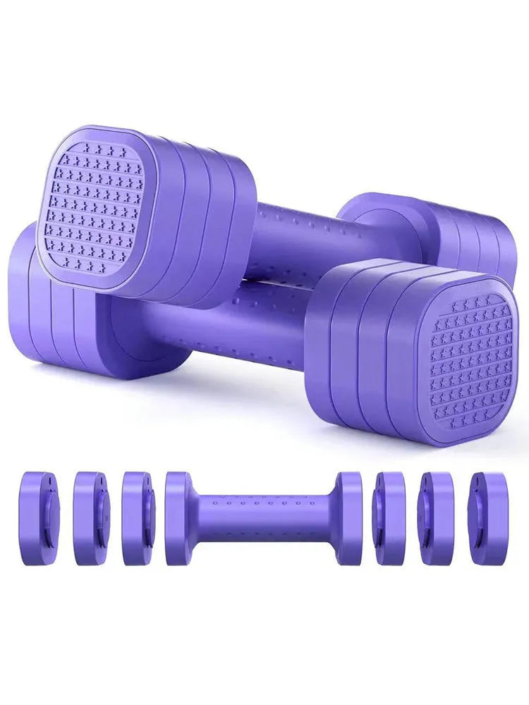 Detachable pink and blue 5lb ABS plastic dumbbells for women's fitness.