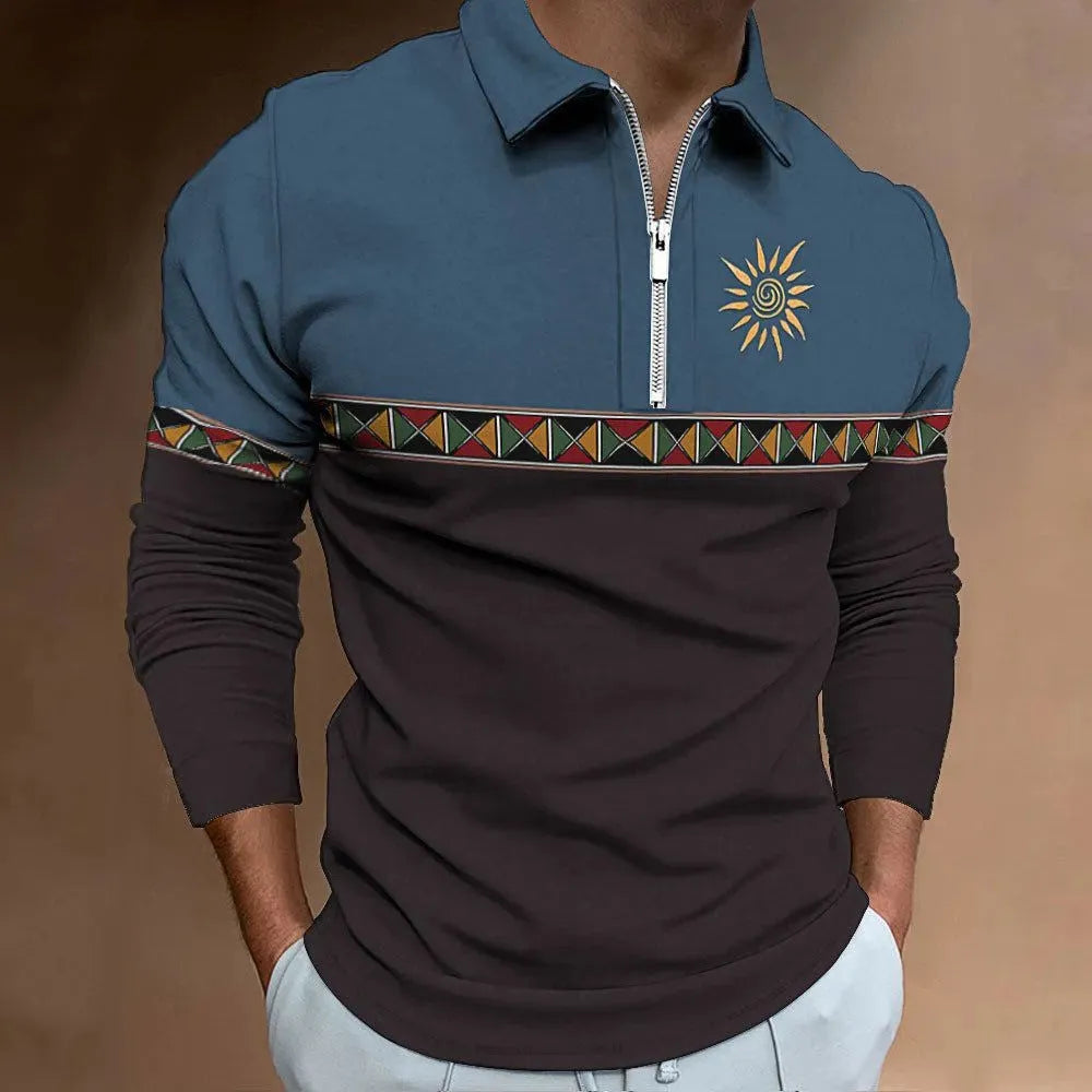 Men's retro striped print long sleeve golf T-shirt with zipper decoration on polyester fabric