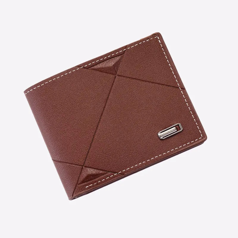 Men's three-fold PU leather wallet with multiple card slots in horizontal design