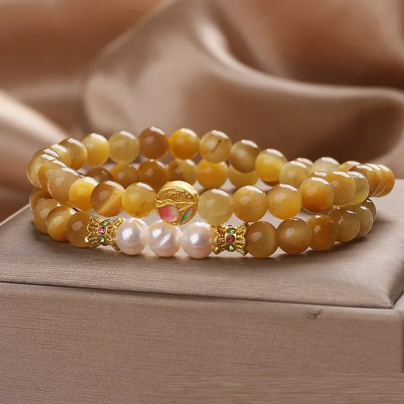 Natural gold tigereye double ring Hetian jade bracelet for women with yellow electroplated flower shape