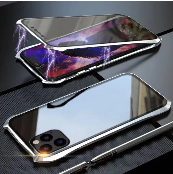 Metal and glass magnetic protective phone cover for iPhone 11 series in black, red, blue, and silver colours.