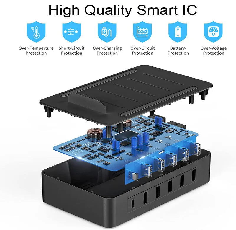 Desktop multi-USB charge box fast charger in black ABS casing with USB and Apple Watch outputs