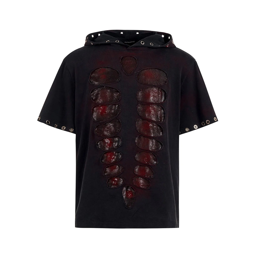 Black men's hooded short-sleeve t-shirt with scattered sequins on loose-fit casual design