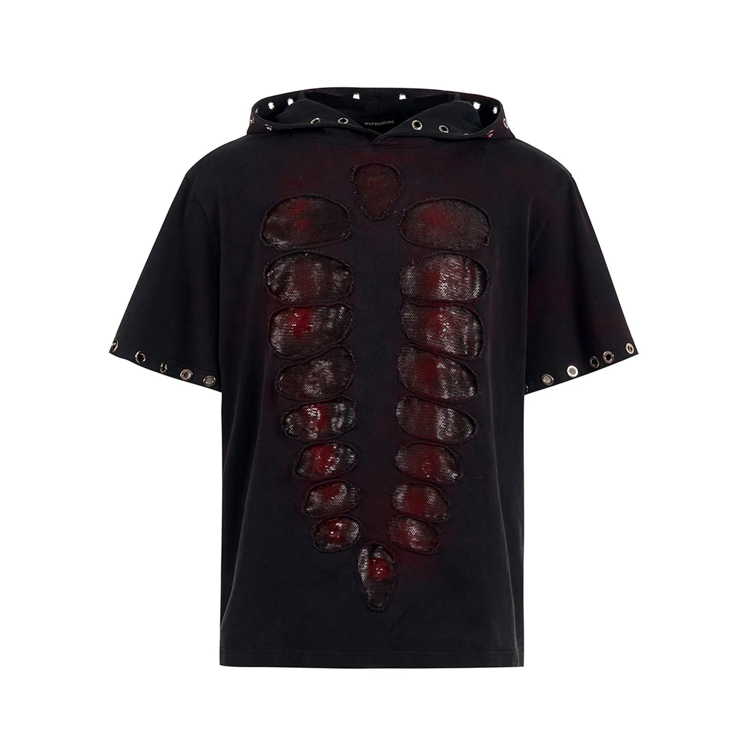 Black men's hooded short-sleeve t-shirt with scattered sequins on loose-fit casual design