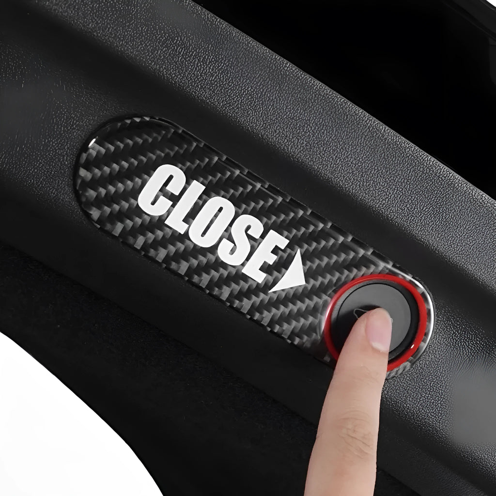 Electric trunk button sticker in carbon black with red edge for car interior modification