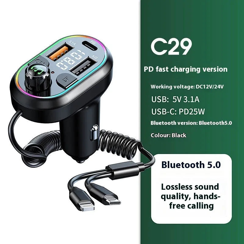 C29 Black portable multifunctional car charger with Bluetooth FM transmitter and USB output