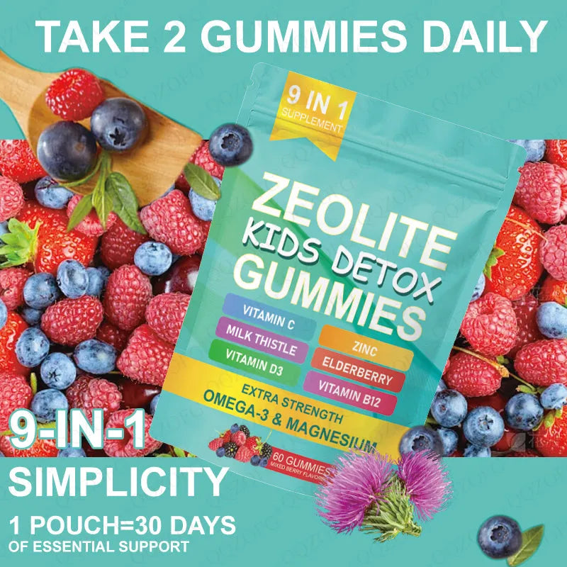 Bottle of Zeolite Gummy Kids Detox Gummies 60 count with natural mixed berry flavour