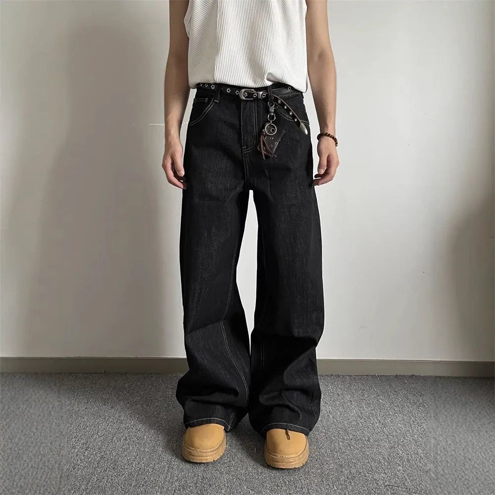 Black retro wide-leg denim jeans with straight-leg design and zip placket