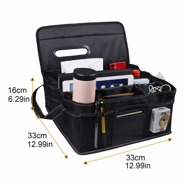 Black oxford cloth car trunk storage box with 33cm width and depth, 16cm height.