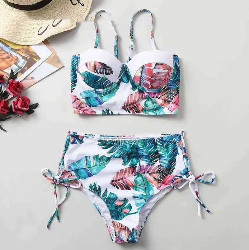 White summer bikini set push up swimsuit women non-wired strapless ultra-thin mold cup rabbit fur fabric front view