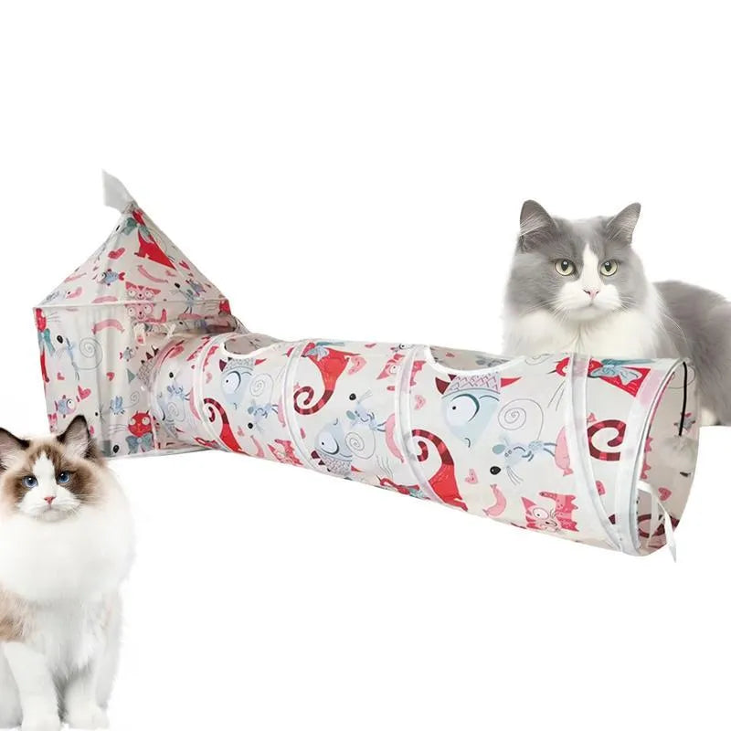 Foldable cat play tunnel in green with a small room and long tunnel section on a white background