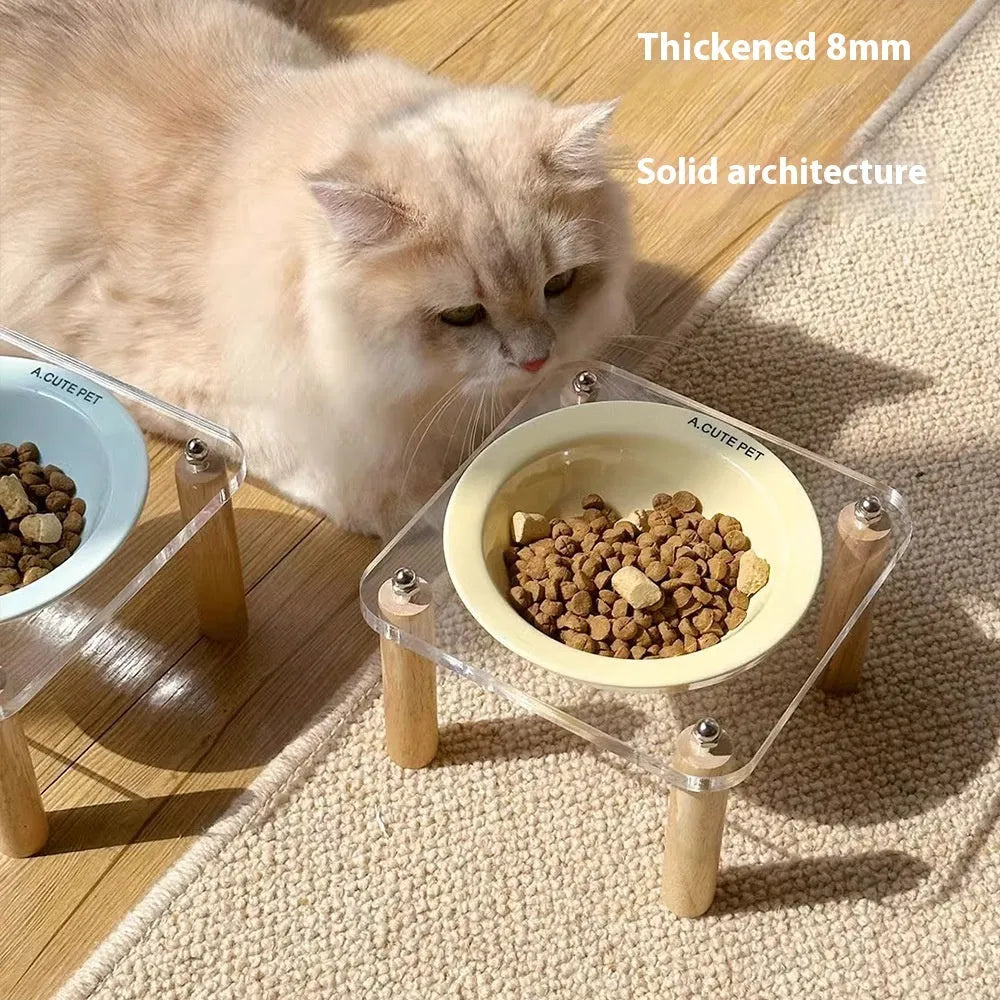 Cream yellow single ceramic cat bowl with wooden rack, anti-tumble design for elevated cat feeding