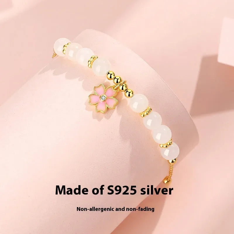 S925 silver cherry blossom pendant bracelet with Hetian jade beads, pink floral women's jewellery