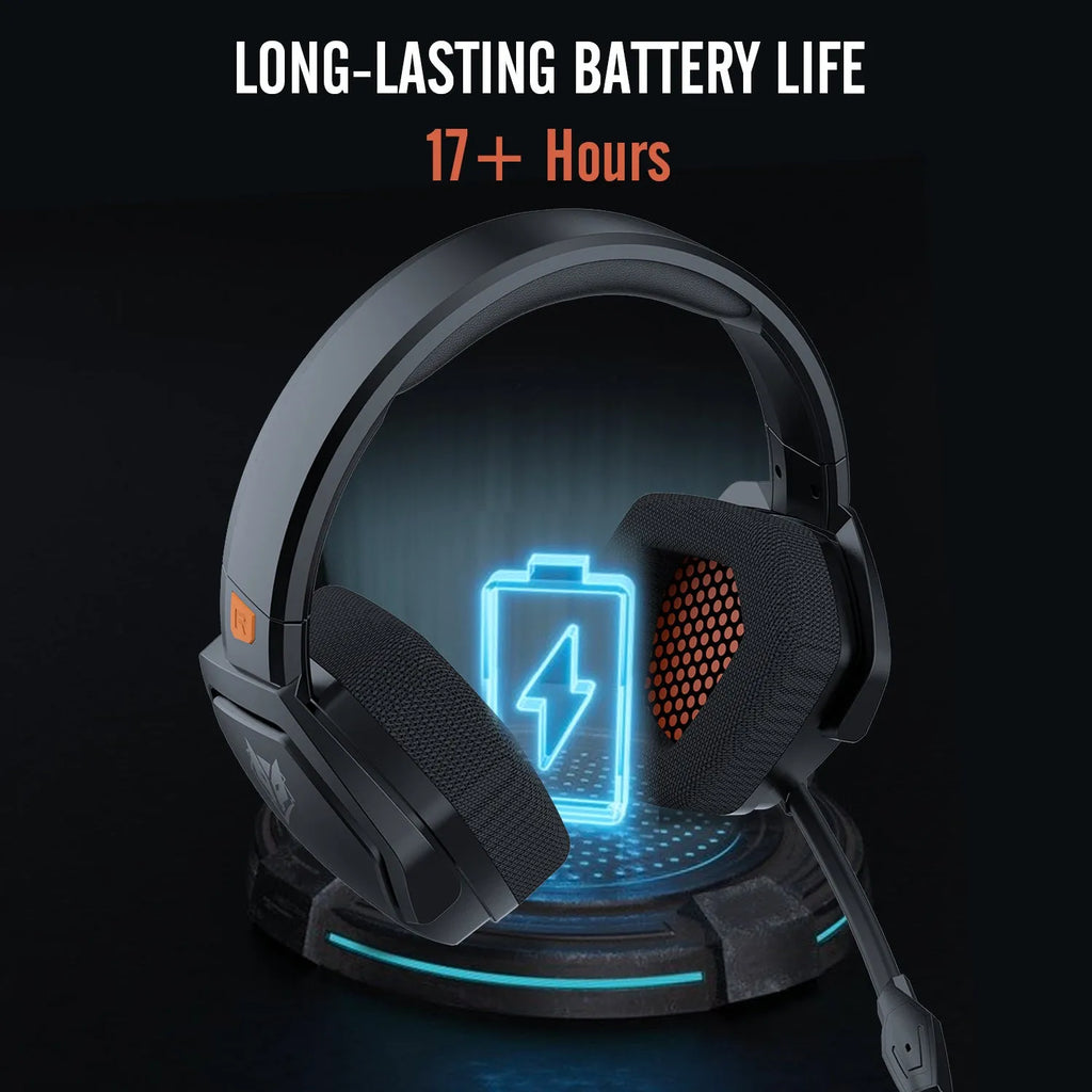 Black and orange wireless gaming headset with large ear cups and a built-in microphone.