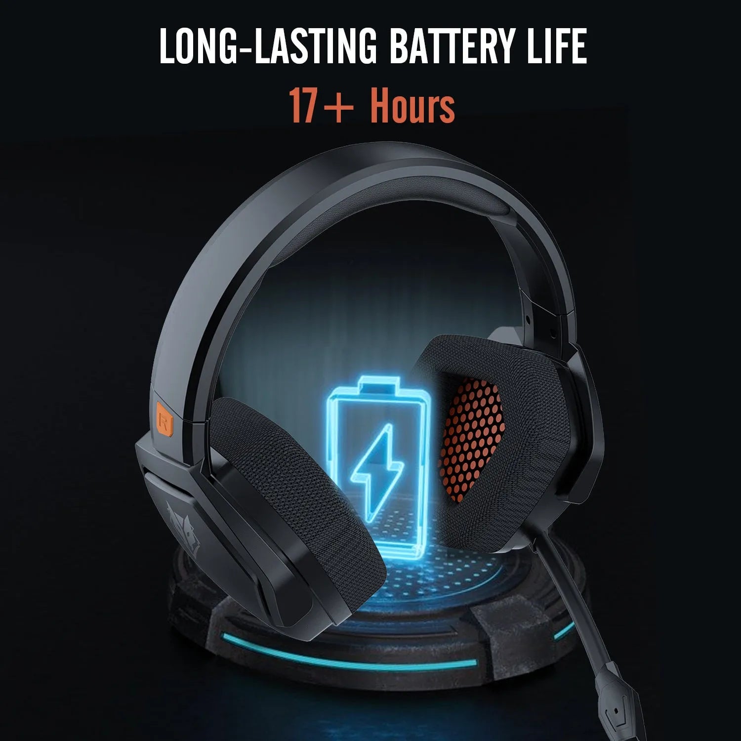 Black and orange wireless gaming headset with large ear cups and a built-in microphone.