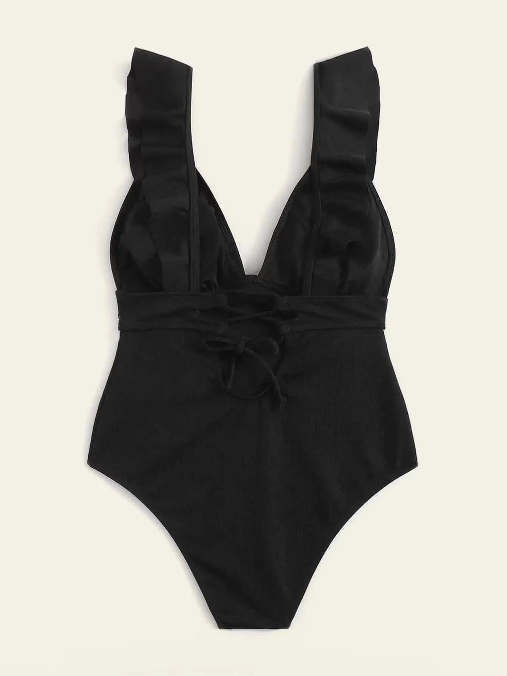Black one-piece swimsuit for women with ruffled shoulder straps and decorative lace across the back.
