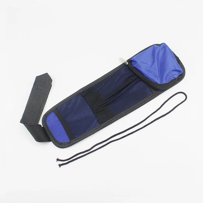 Black nylon car chair side bag with cup holder compartments installed on a vehicle seat