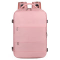 Large purple travel backpack with laptop compartment and air pillow shoulder straps shown open to reveal internal organisation pockets.