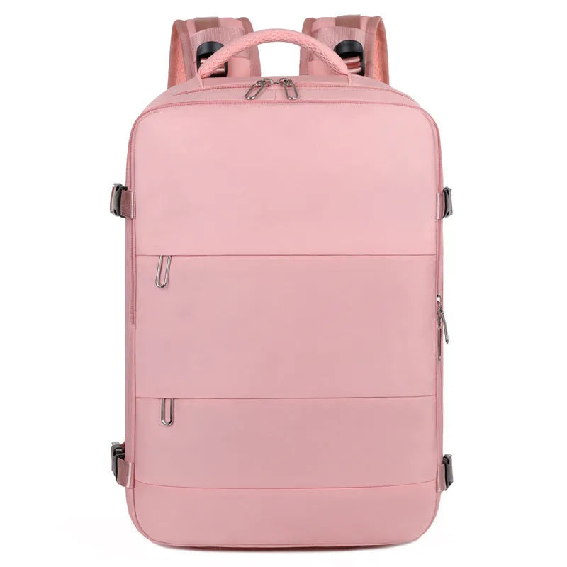 Large purple travel backpack with laptop compartment and air pillow shoulder straps shown open to reveal internal organisation pockets.