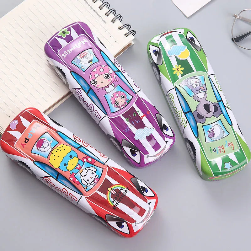 Tinplate racing car shaped double-layer stationery box pencil case with cartoon patterns
