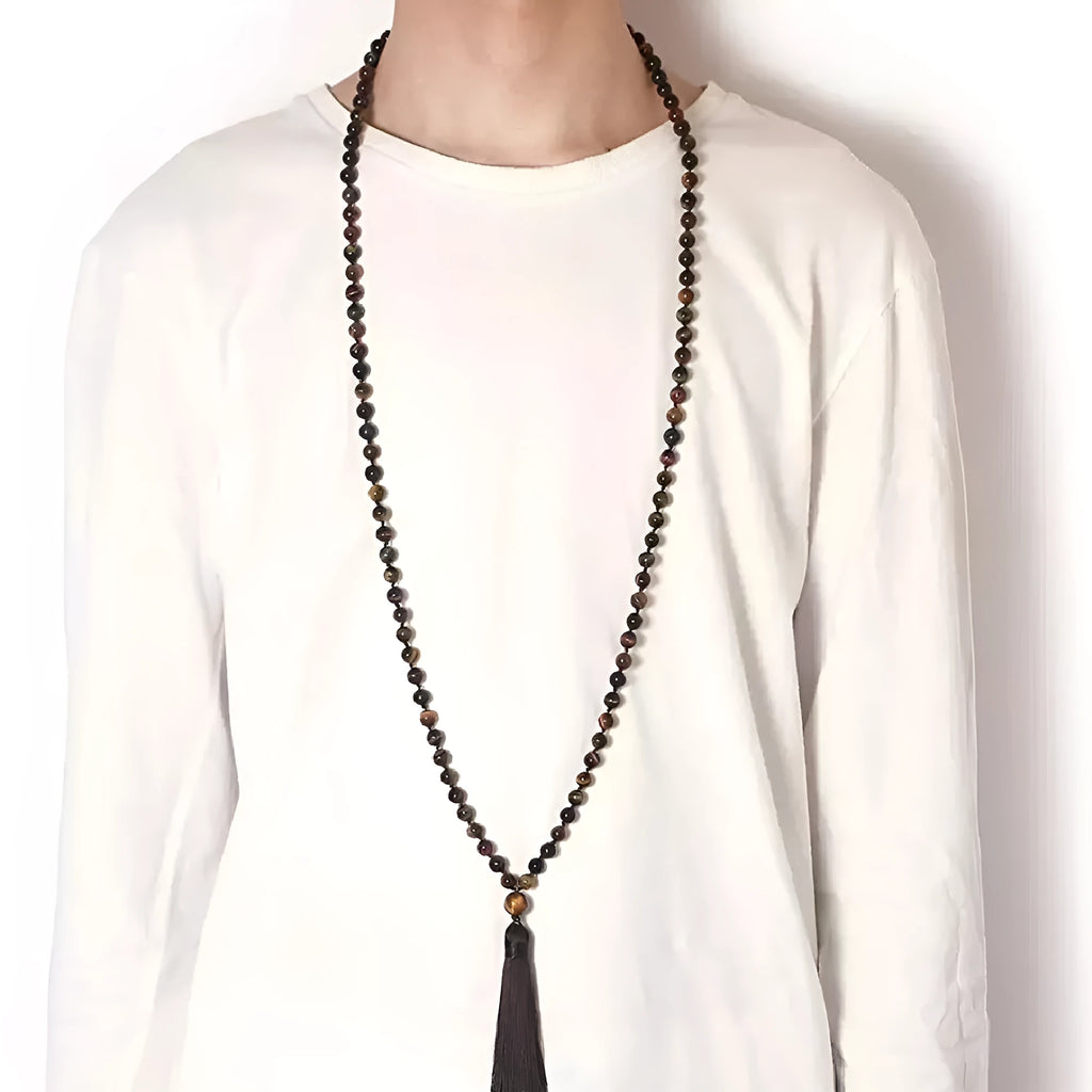 Agate tassel necklace with multiple stone colours including Indian agate, amethyst and blue grain stone on 95-100cm length